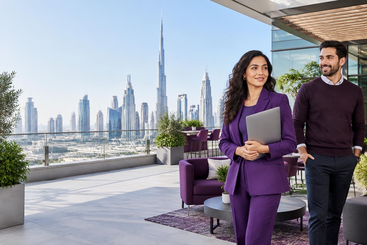 Professionals at a Dubai workspace overlooking the city
